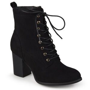 BRINLEY CO. - Lace Up Faux Suede Booties with Stacked Heel